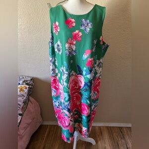 Roz & Ali Green Pink Floral Shift Dress Sleeveless Stretch Size 20